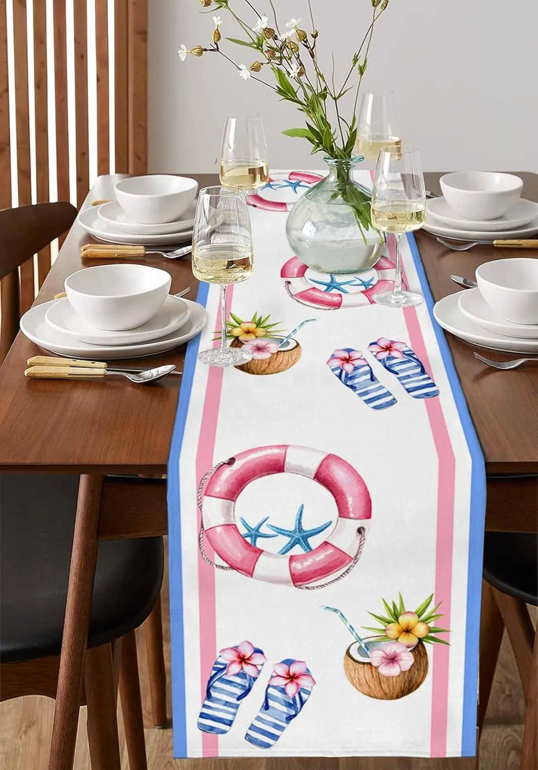 Summer Table Runners 36 Inches Long Slippers Coconut Swimming Ring Table Runner for Family Dinner/Wedding/Outdoor Indoor Party, Cotton-Polyester Blend Dresser Scarf Table Decorations