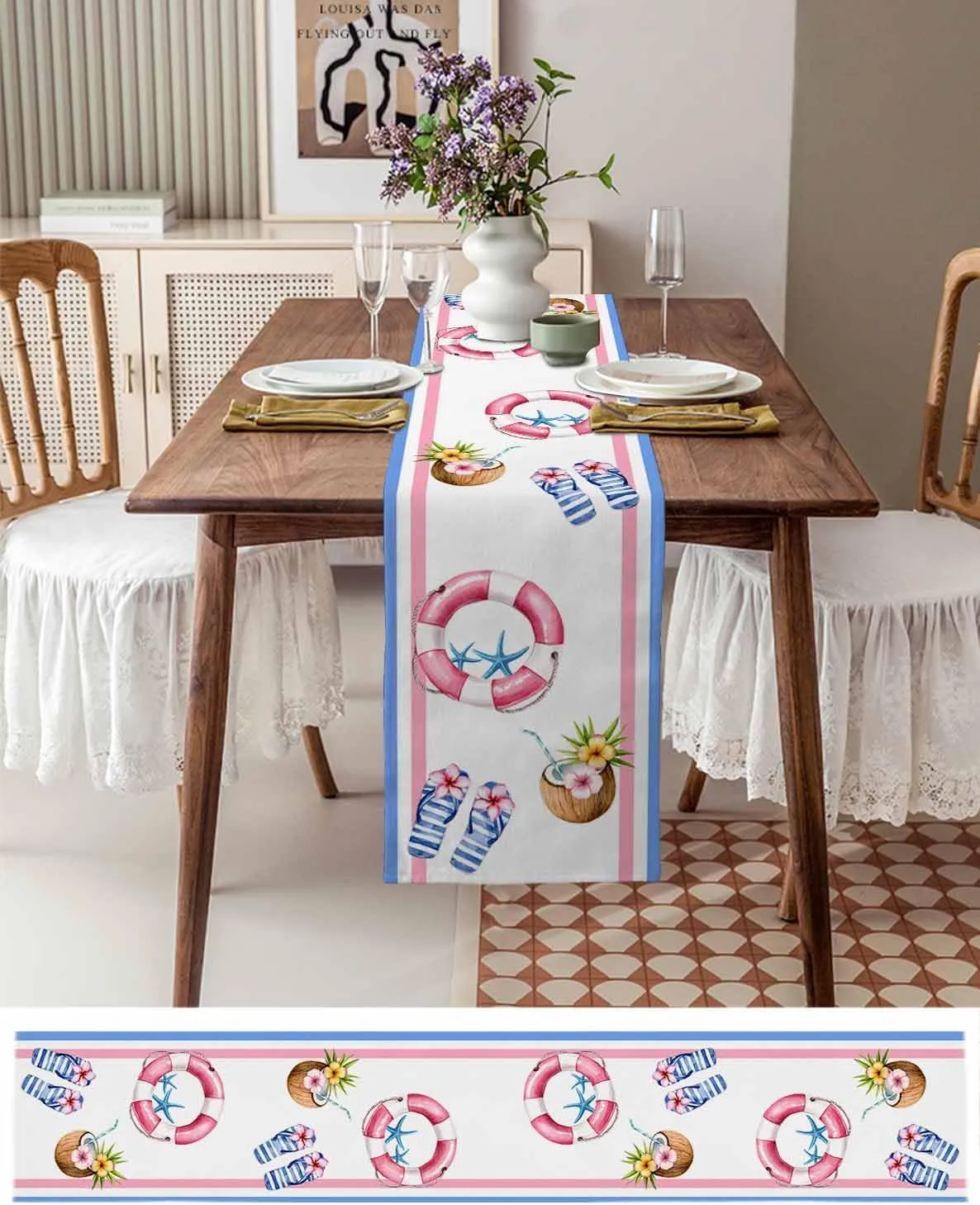 Summer Table Runners 36 Inches Long Slippers Coconut Swimming Ring Table Runner for Family Dinner/Wedding/Outdoor Indoor Party, Cotton-Polyester Blend Dresser Scarf Table Decorations