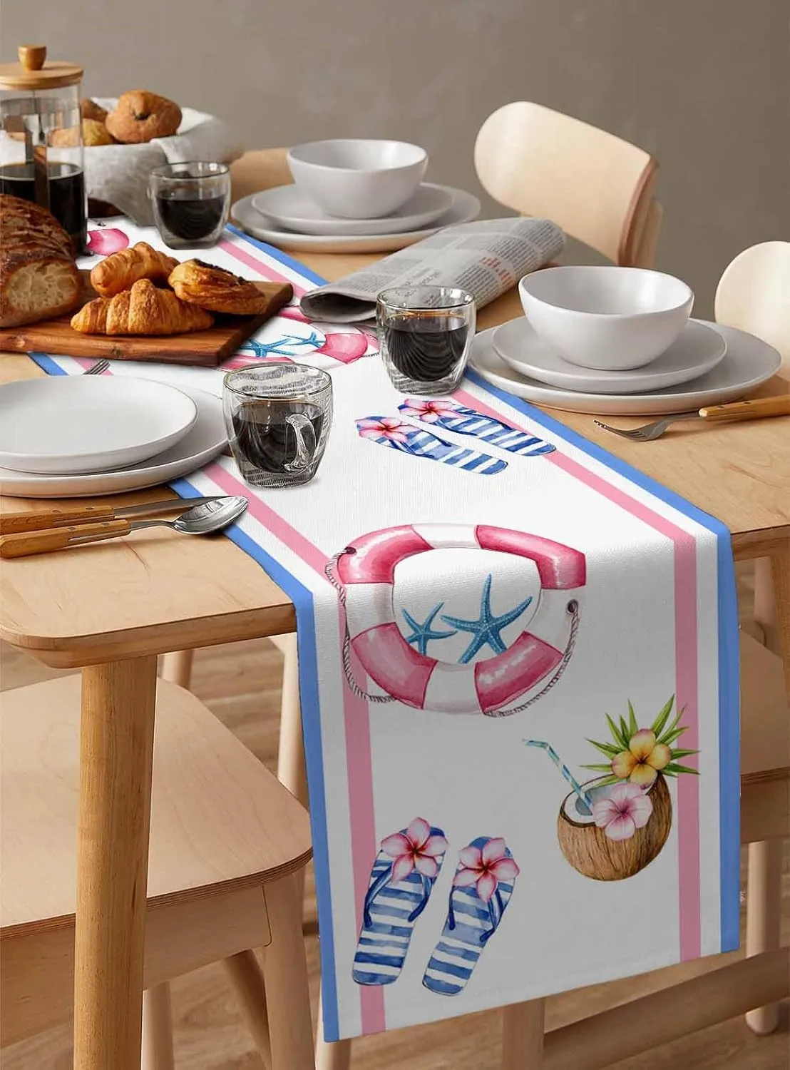 Summer Table Runners 36 Inches Long Slippers Coconut Swimming Ring Table Runner for Family Dinner/Wedding/Outdoor Indoor Party, Cotton-Polyester Blend Dresser Scarf Table Decorations