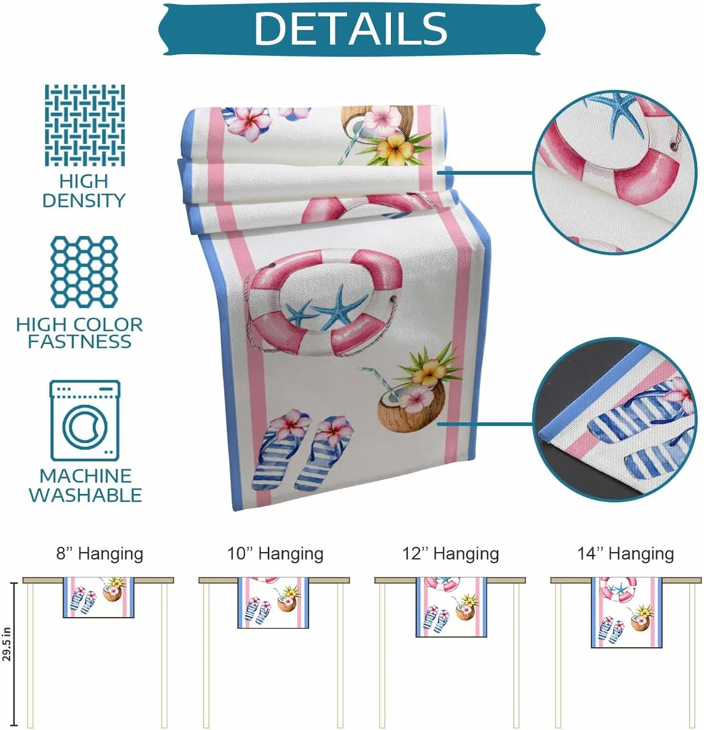 Summer Table Runners 36 Inches Long Slippers Coconut Swimming Ring Table Runner for Family Dinner/Wedding/Outdoor Indoor Party, Cotton-Polyester Blend Dresser Scarf Table Decorations