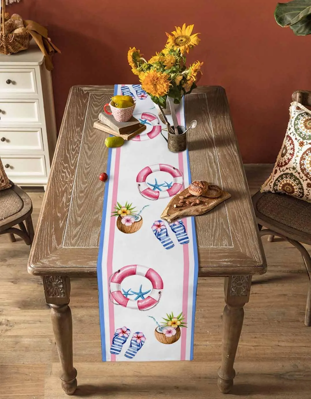 Summer Table Runners 36 Inches Long Slippers Coconut Swimming Ring Table Runner for Family Dinner/Wedding/Outdoor Indoor Party, Cotton-Polyester Blend Dresser Scarf Table Decorations