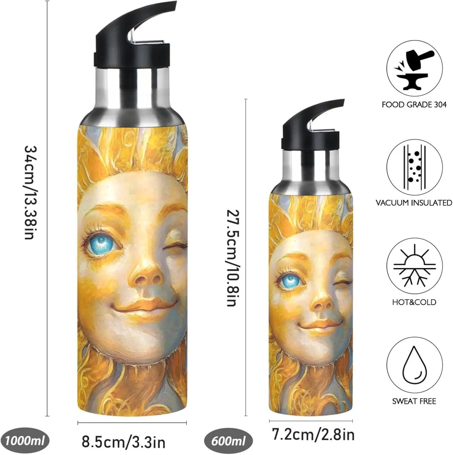 Sun Face Print Sports Bottle with Straw and Carry Loop for Gym, Camping, Workout, and Outdoors，Insulated Water Bottle Jug for All Day Hydration