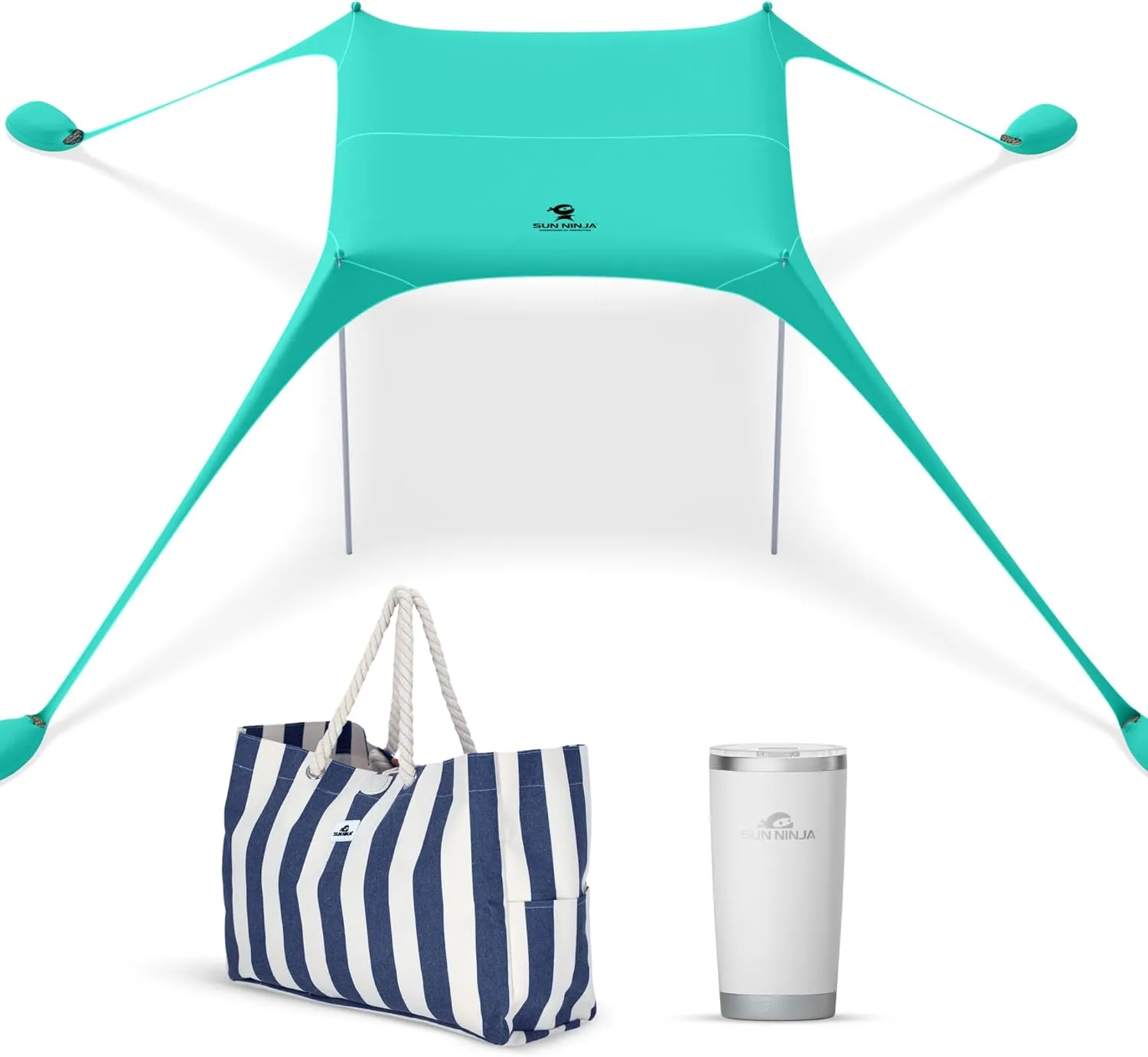 SUN NINJA Beach Shade Canopy Bundle with Beach Blanket and UPF 50  Bucket Hat, Complete Sun Protection, Easy Setup & Portable, Sand-Free Relaxation, Versatile Outdoor Use