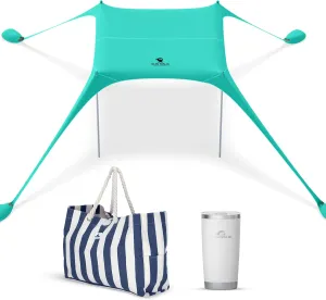 SUN NINJA Beach Shade Canopy Bundle with Beach Blanket and UPF 50  Bucket Hat, Complete Sun Protection, Easy Setup & Portable, Sand-Free Relaxation, Versatile Outdoor Use