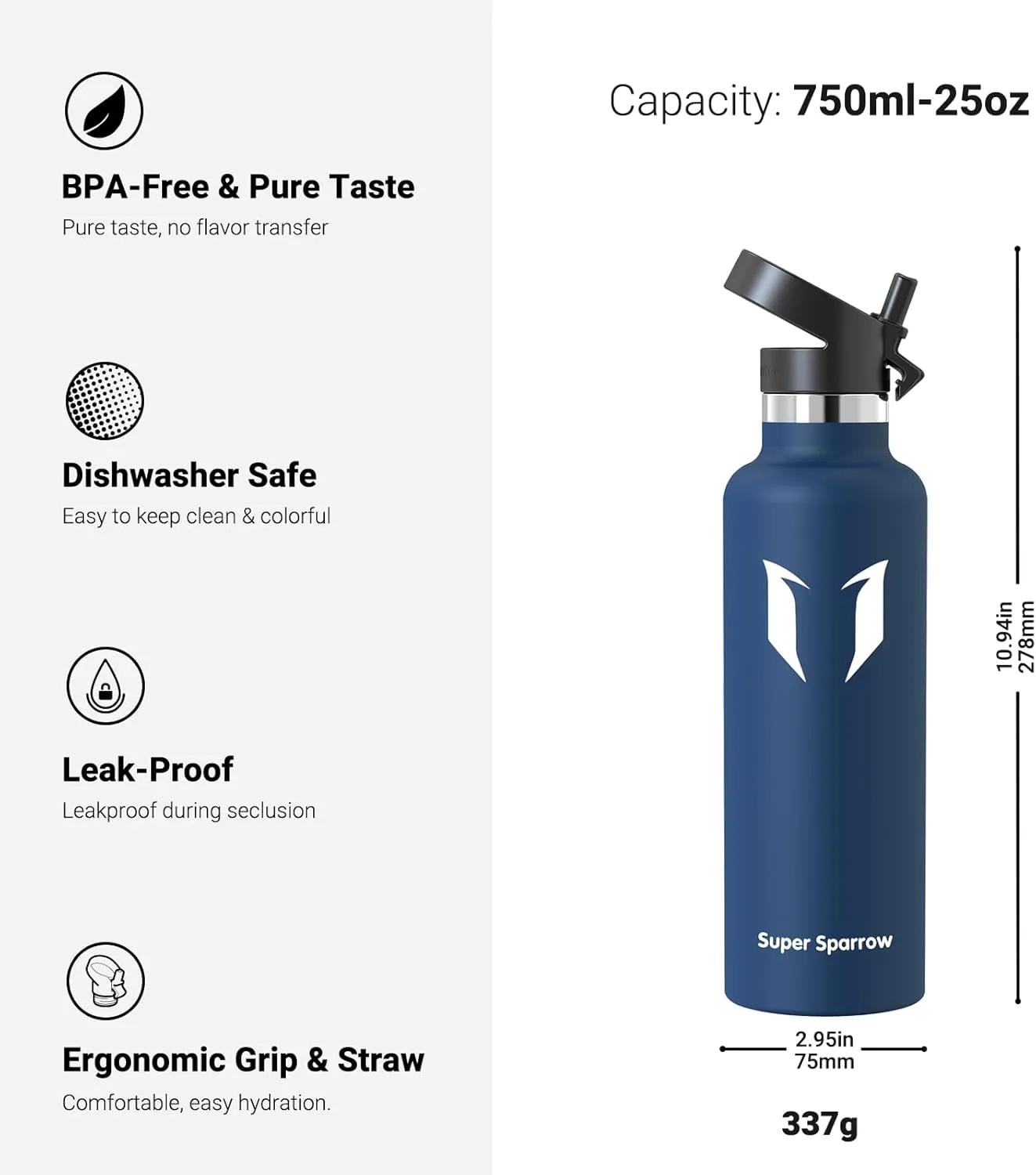 Super Sparrow Water Bottle Insulated - 17 Oz / 25 Oz / 32 Oz - Standard Mouth FlipFlow Flask - BPA Free, Leak Proof Drink Bottle- Ergonomic Straw Water Bottle for Work, Gym, Travel, Sports, Outdoor