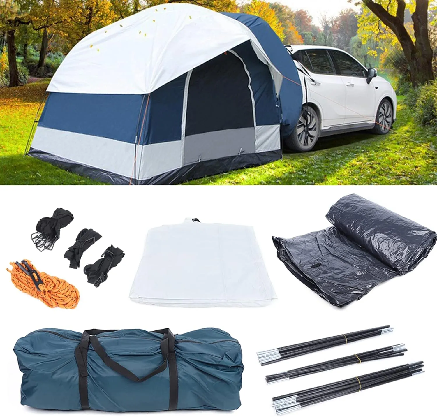 SUV Car Tent Outdoor for 4 Person Oxford Cloth Car Canopy Truck Tent PU2000 Waterproof Pop Up Camping Car Tent with Oversized Screen Windows and Storage Bag for Car Outdoor Camping Fishing Hiking
