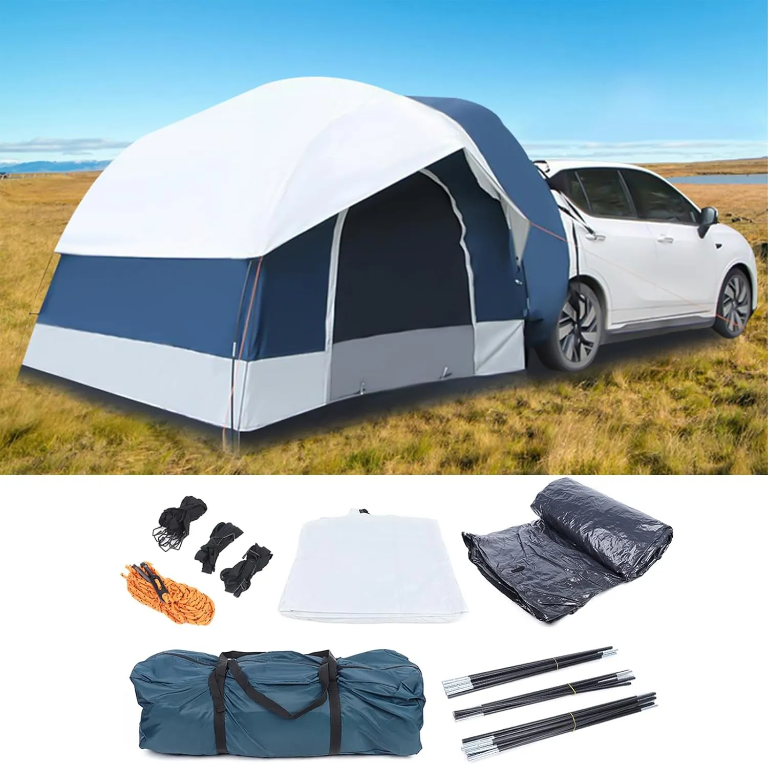 SUV Tent for Camping, Tailgate Tent, Waterproof PU2000mm, 1-4 Person Sleeping Capacity, Camping Outdoor Travel Preferred Car Tents for Automobiles Car Awning, Universal Fit Most SUVs, Vans, Cars