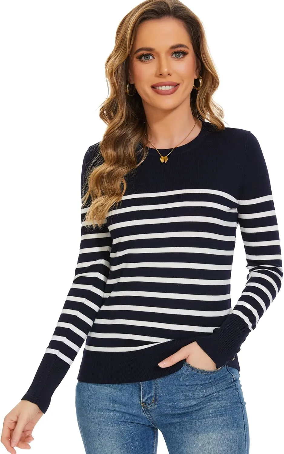 Sweaters for Women Striped Crew Neck Pullover Sweater Lightweight Long Sleeve Fall Knit Tops