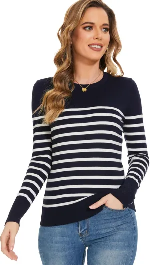 Sweaters for Women Striped Crew Neck Pullover Sweater Lightweight Long Sleeve Fall Knit Tops