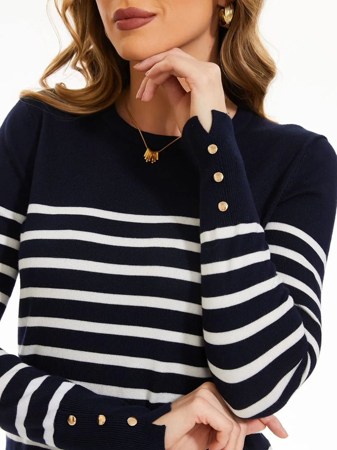 Sweaters for Women Striped Crew Neck Pullover Sweater Lightweight Long Sleeve Fall Knit Tops