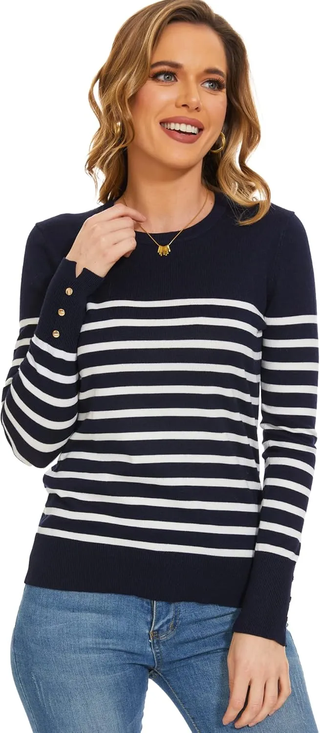 Sweaters for Women Striped Crew Neck Pullover Sweater Lightweight Long Sleeve Fall Knit Tops
