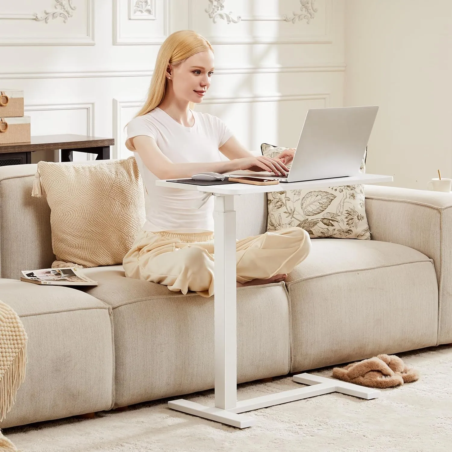 Sweetcrispy Overbed Bedside Table with Wheels, Adjustable Hospital & Home Use Bed Table, Rolling Laptop Table, Mobile Standing Desk, White