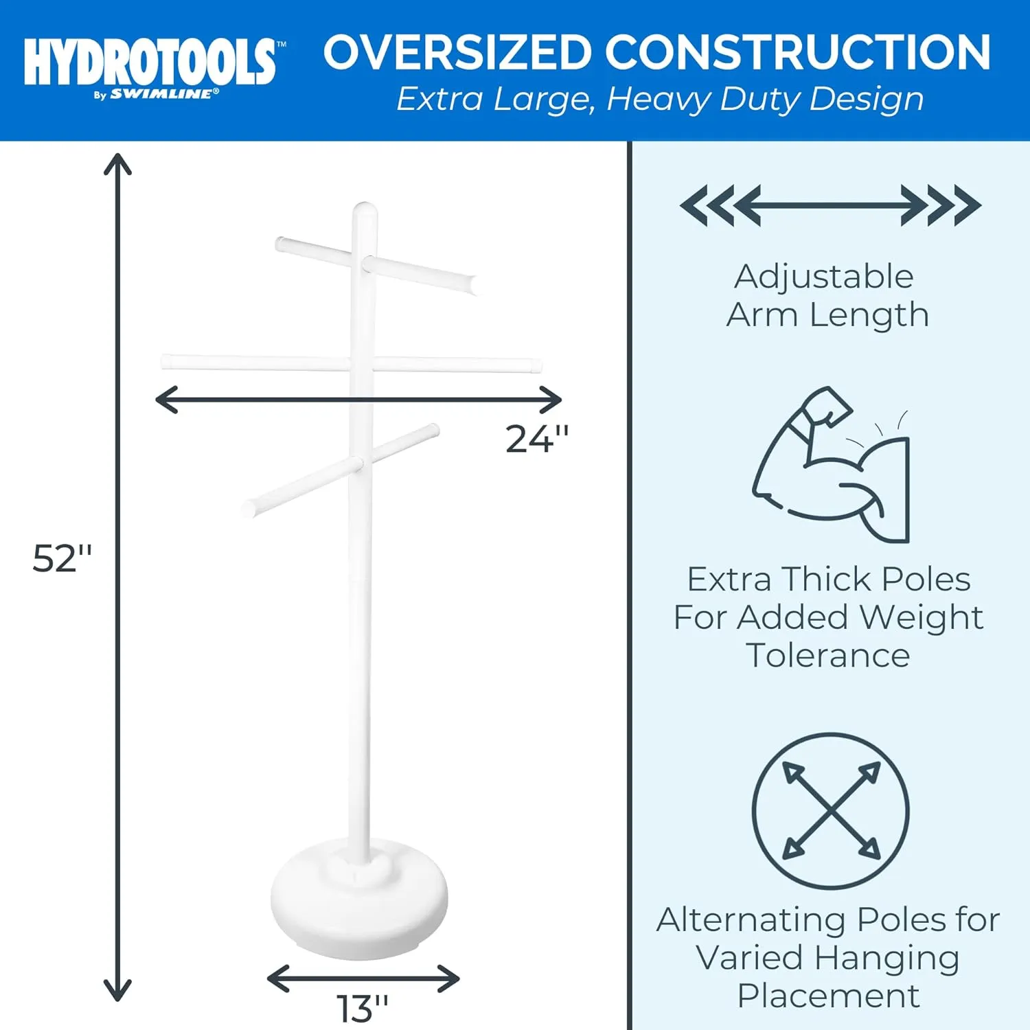 SWIMLINE HYDROTOOLS 89032 Free Standing Poolside Adjustable-Towel Rack With Water Weighted Base Three Arms Tier For Outdoors & Indoors Pool Patio Bathroom Accessory Holder Bar Drying-Stand