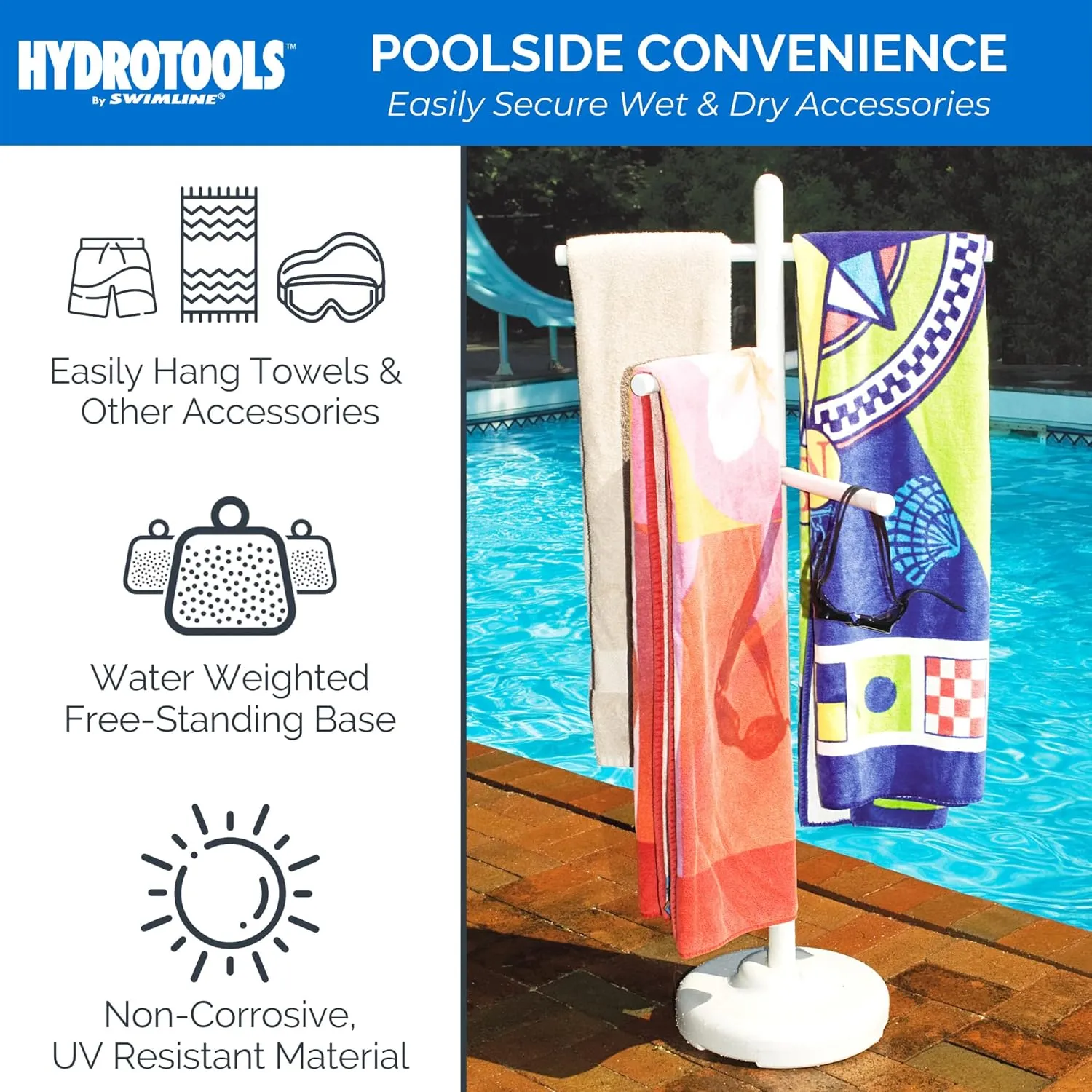 SWIMLINE HYDROTOOLS 89032 Free Standing Poolside Adjustable-Towel Rack With Water Weighted Base Three Arms Tier For Outdoors & Indoors Pool Patio Bathroom Accessory Holder Bar Drying-Stand