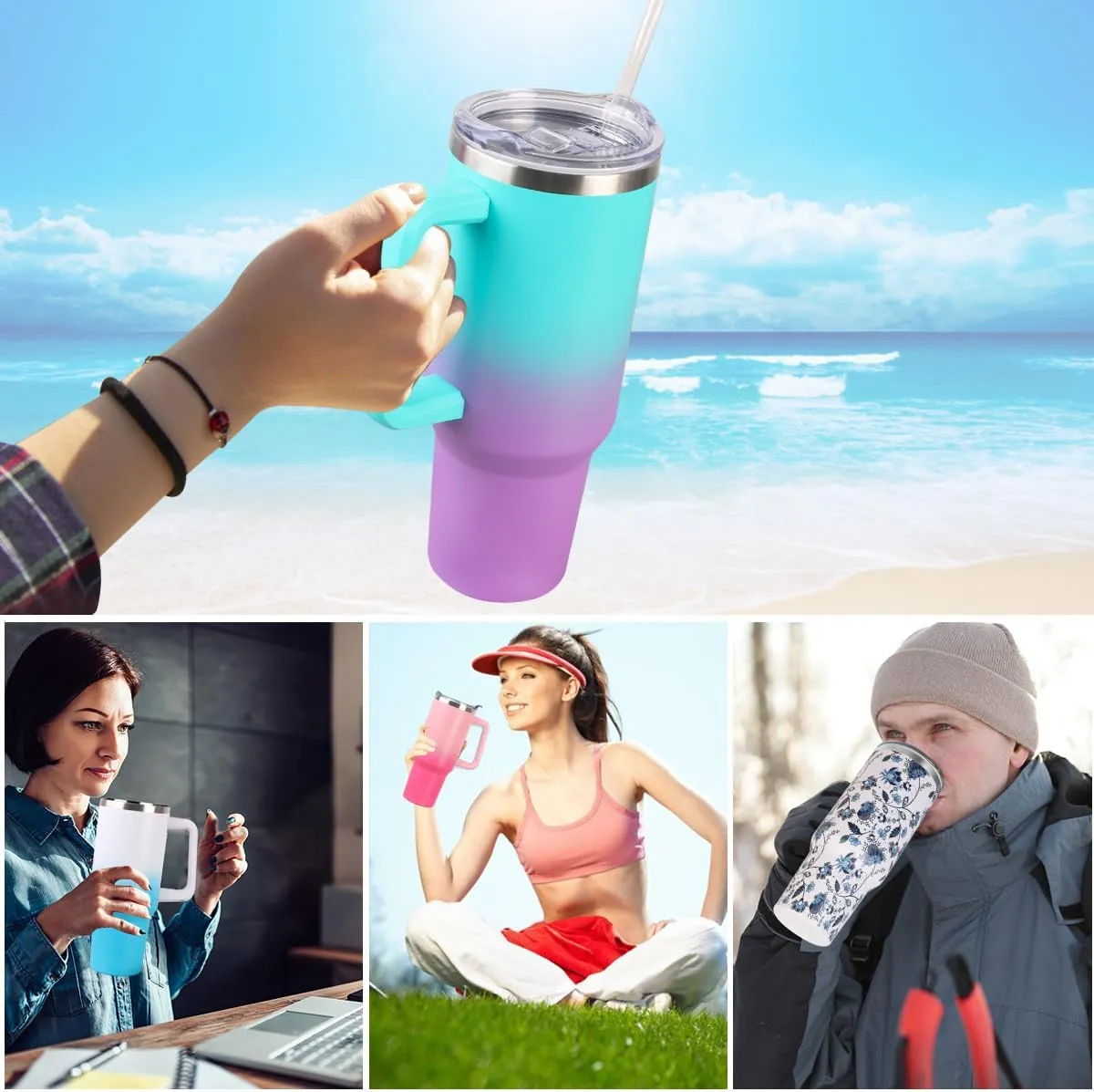 SYACOT 40 oz Tumbler with Handle and Straw Stainless Steel Insulated Tumbler Leak Proof Lid and Straw Lid Reusable Travel Mug Coffee Mug Cup Dishwasher Safe Keep Drinks Cold and Hot (Amethyst)