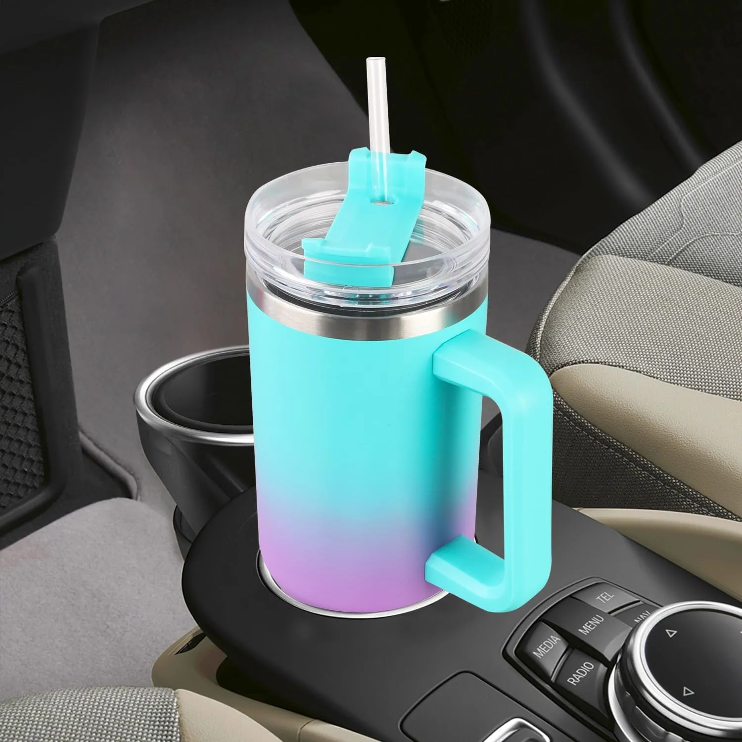 SYACOT 40 oz Tumbler with Handle and Straw Stainless Steel Insulated Tumbler Leak Proof Lid and Straw Lid Reusable Travel Mug Coffee Mug Cup Dishwasher Safe Keep Drinks Cold and Hot (Green Purple)