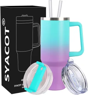 SYACOT 40 oz Tumbler with Handle and Straw Stainless Steel Insulated Tumbler Leak Proof Lid and Straw Lid Reusable Travel Mug Coffee Mug Cup Dishwasher Safe Keep Drinks Cold and Hot (Green Purple)