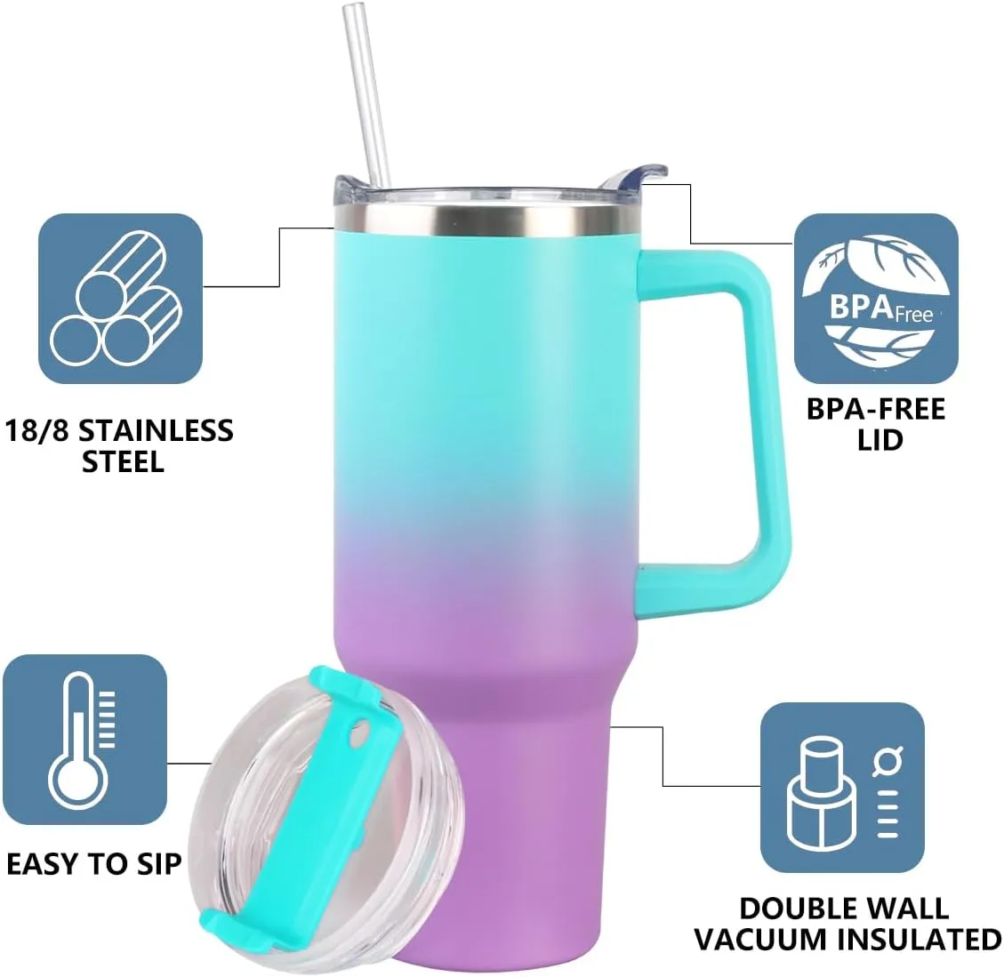 SYACOT 40 oz Tumbler with Handle and Straw Stainless Steel Insulated Tumbler Leak Proof Lid and Straw Lid Reusable Travel Mug Coffee Mug Cup Dishwasher Safe Keep Drinks Cold and Hot (Green Purple)