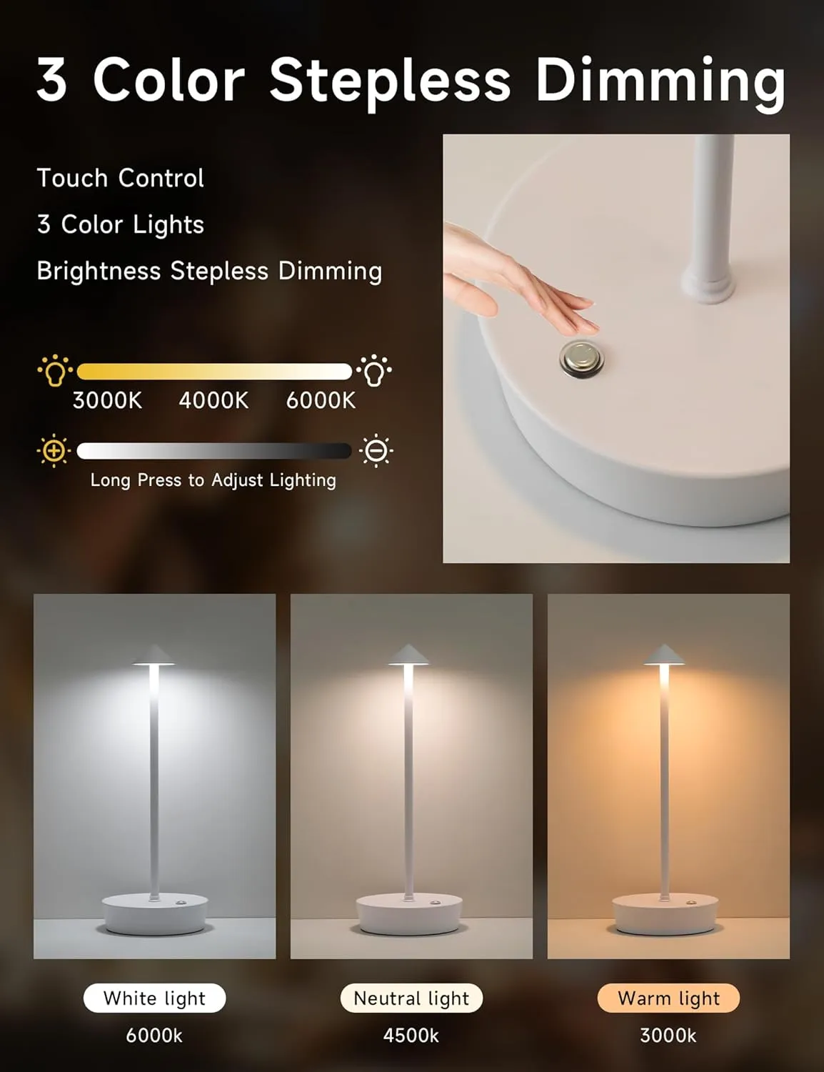 Table Lamps,LED Rechargeable Desk Lamp,Portable Modern USB Battery Operated Lights,Outdoor Waterproof Touch Dimmable,for Patio,Restaurant,Bar,Camping,Dining Home Set of 2 White