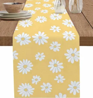 Table Runners-60 Inch Long,White Daisy Flower on Yellow Linen Dresser Scarves Dining Table Runner Watercolor Rustic Floral Tabletop Scarf for Home Kitchen Holiday Party Decor