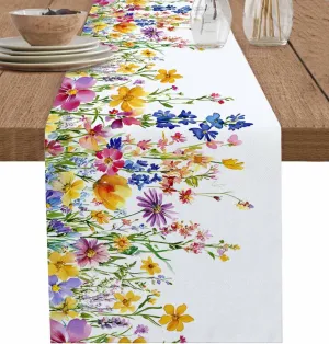 Table Runners-70 Inch Long,Watercolor Wildflowers in Full Bloom Linen Dresser Scarves Dining Table Runner Summer Rustic Floral Tabletop Scarf for Home Kitchen Holiday Party Decor