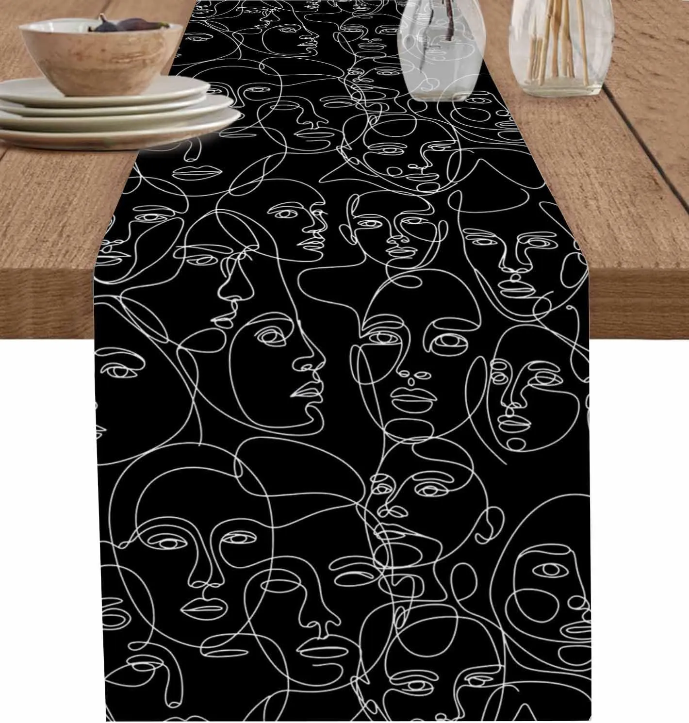 Table Runners-72 Inch Long,Abstract Character Face Modern Line Arts Linen Dresser Scarves Dining Table Runner Black White Tabletop Scarf for Home Kitchen Holiday Party Decor