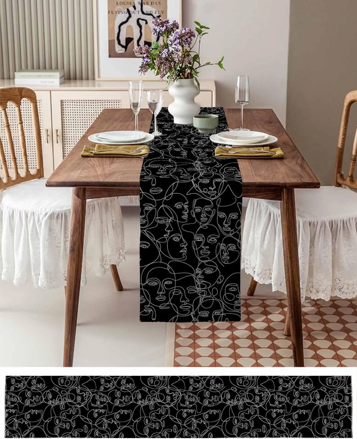 Table Runners-72 Inch Long,Abstract Character Face Modern Line Arts Linen Dresser Scarves Dining Table Runner Black White Tabletop Scarf for Home Kitchen Holiday Party Decor