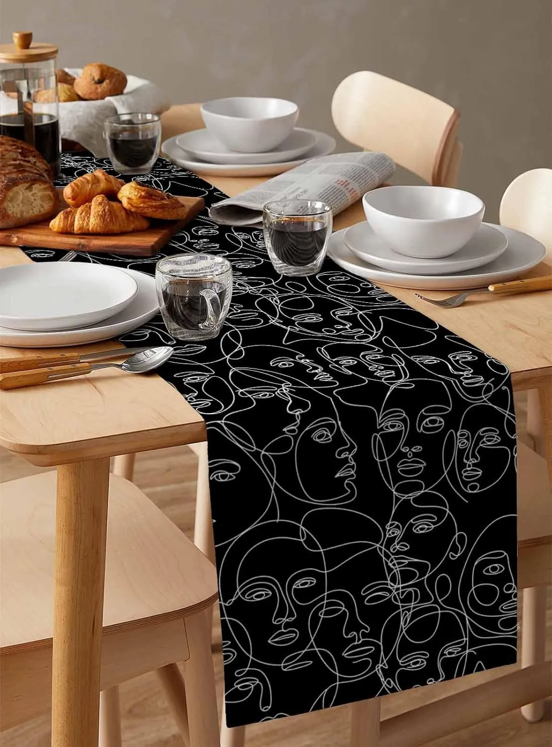 Table Runners-72 Inch Long,Abstract Character Face Modern Line Arts Linen Dresser Scarves Dining Table Runner Black White Tabletop Scarf for Home Kitchen Holiday Party Decor