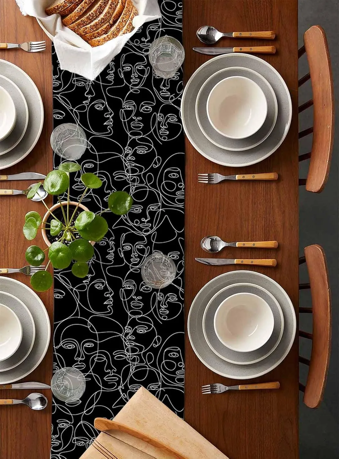 Table Runners-72 Inch Long,Abstract Character Face Modern Line Arts Linen Dresser Scarves Dining Table Runner Black White Tabletop Scarf for Home Kitchen Holiday Party Decor
