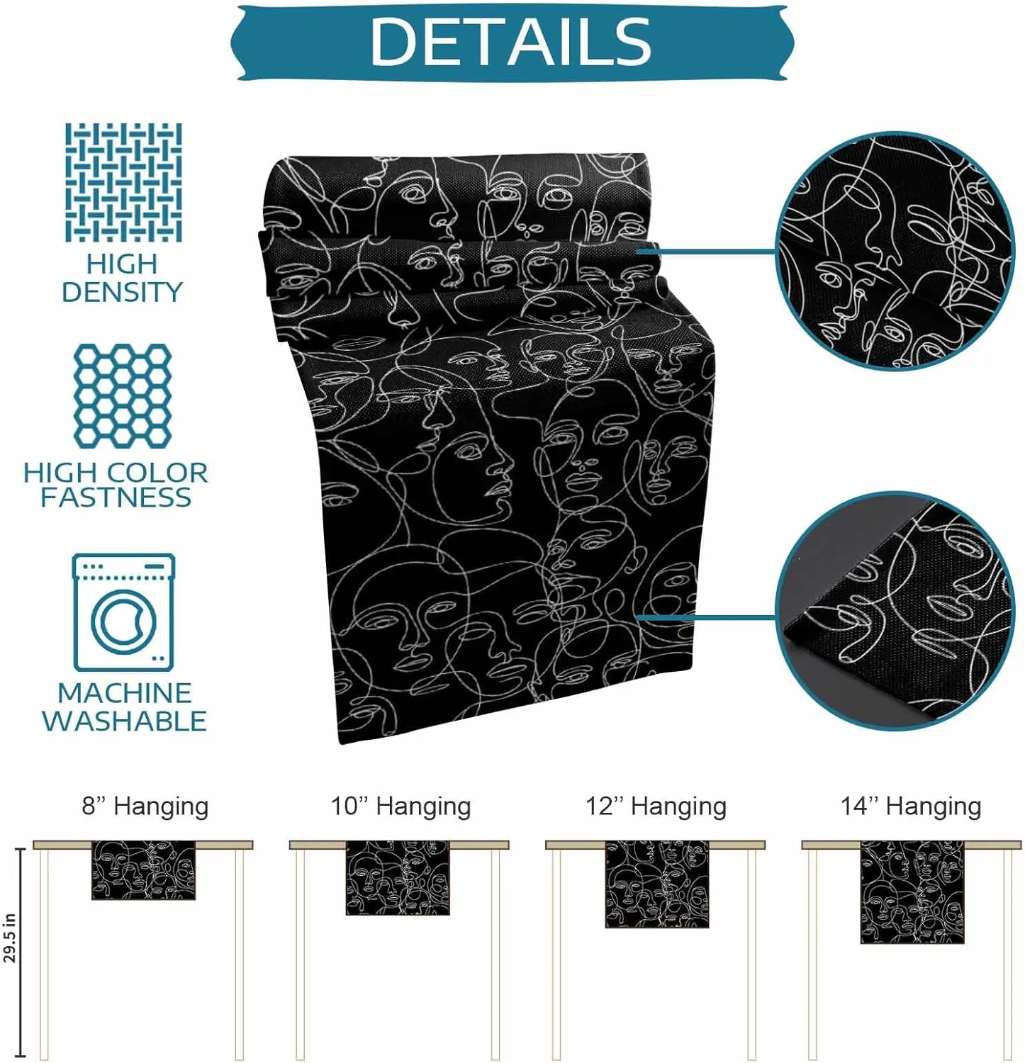 Table Runners-72 Inch Long,Abstract Character Face Modern Line Arts Linen Dresser Scarves Dining Table Runner Black White Tabletop Scarf for Home Kitchen Holiday Party Decor