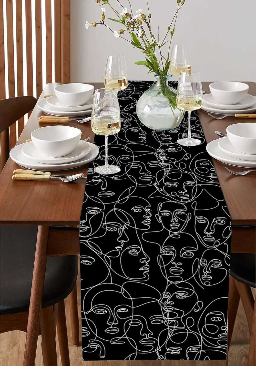 Table Runners-72 Inch Long,Abstract Character Face Modern Line Arts Linen Dresser Scarves Dining Table Runner Black White Tabletop Scarf for Home Kitchen Holiday Party Decor