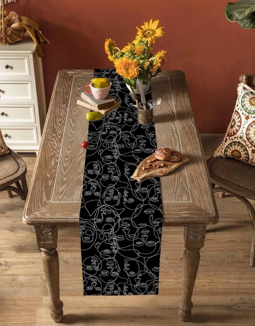 Table Runners-72 Inch Long,Abstract Character Face Modern Line Arts Linen Dresser Scarves Dining Table Runner Black White Tabletop Scarf for Home Kitchen Holiday Party Decor