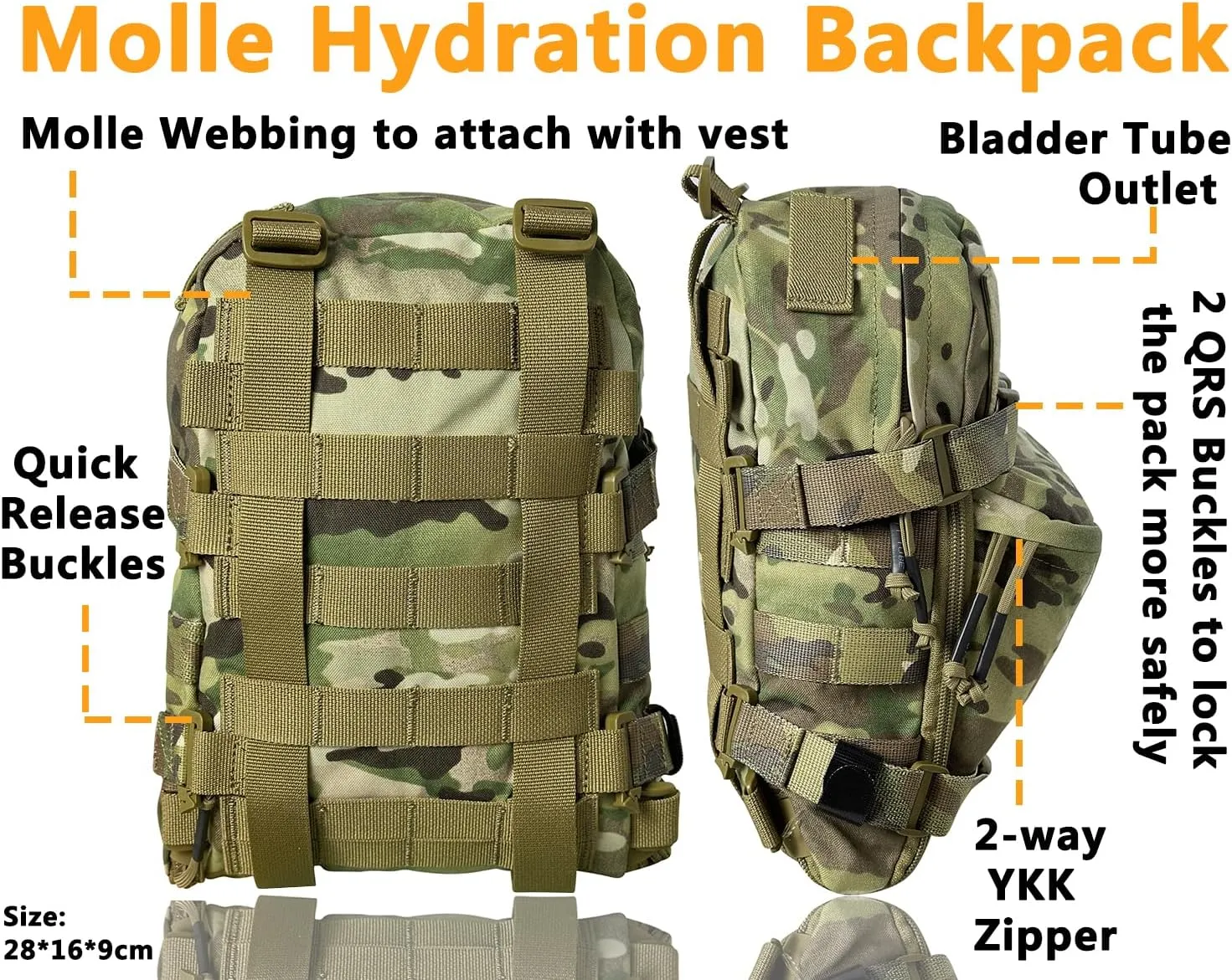 Tactical MOLLE Hydration Pack for 2L Hydration Water Bladder 500D Lightweight Nylon Hydration Pack for Hiking Running Biking and Climbing