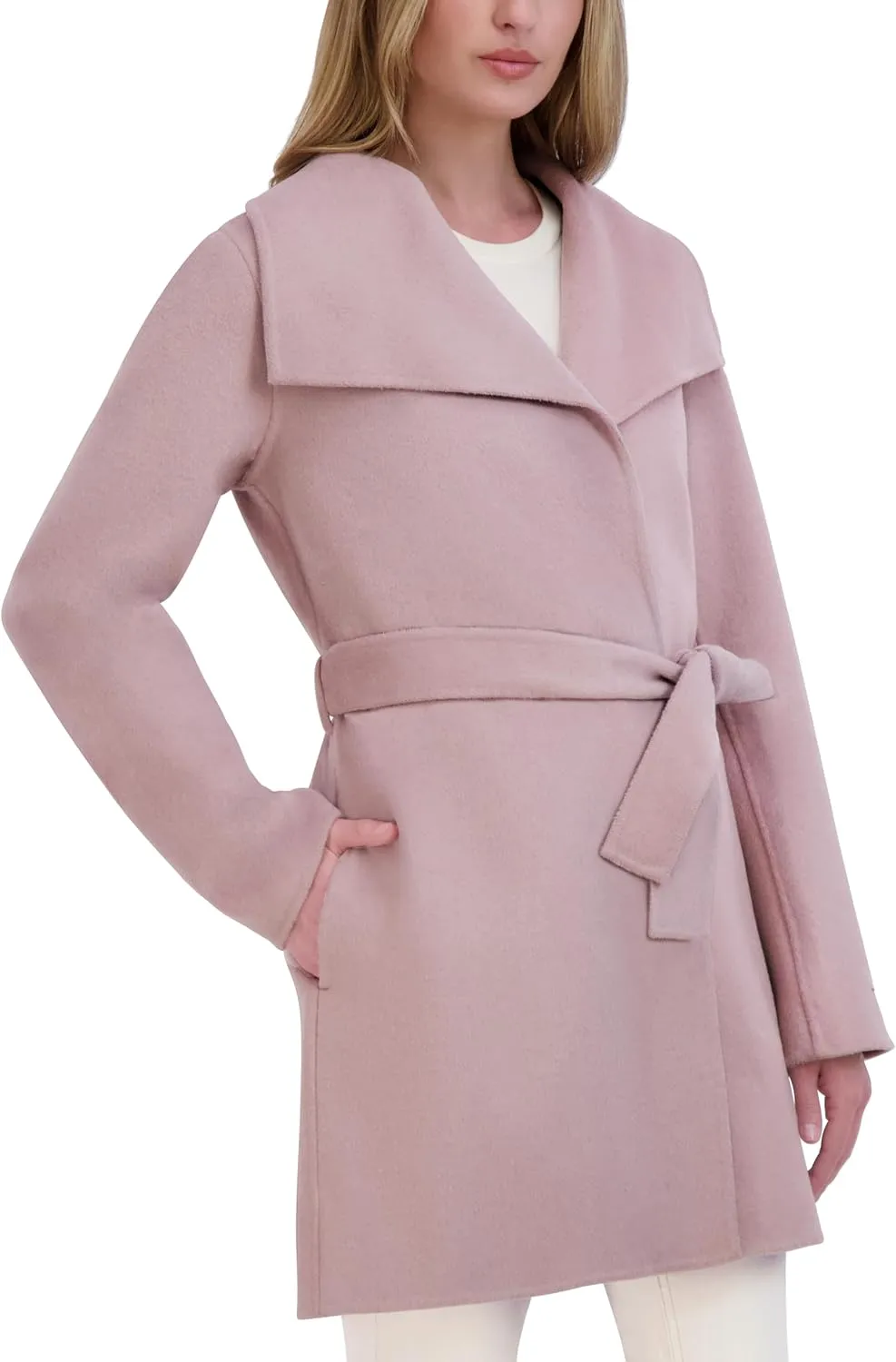 Tahari Women's Lightweight Wool Wrap Coat with Tie Belt