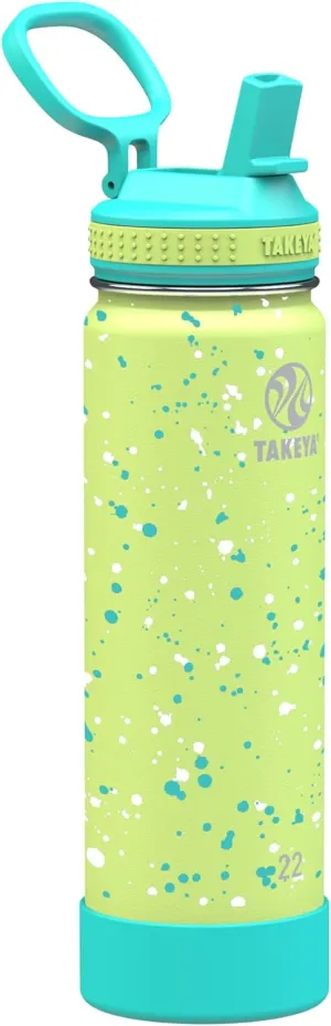 Takeya Actives Water Bottle with Straw Lid - Bottle with Double Stainless Steel Insulation - Dishwasher Safe & BPA-Free - Bottle with Straw Lid & Removable Bumper - 22 oz, Confetti Green Grass