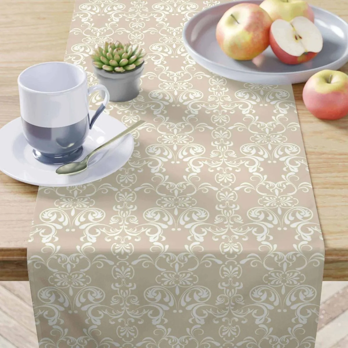 Tan & White Floral Pattern Table Runner