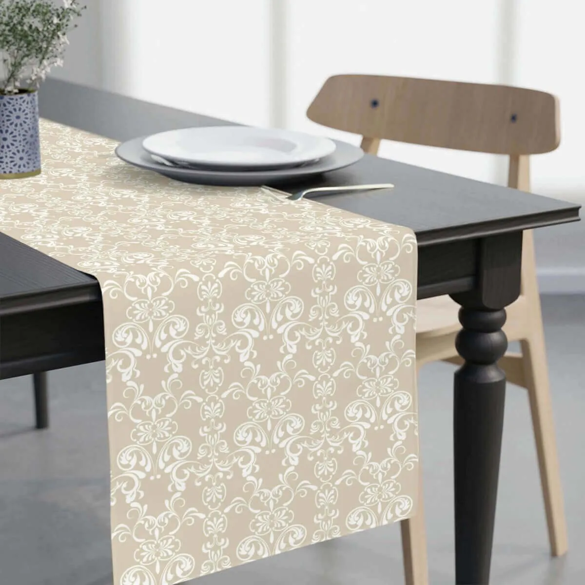 Tan & White Floral Pattern Table Runner