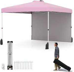 Tangkula 10x10 FT Pop up Canopy with Sidewall, Easy Setup Outdoor Tent with Wheeled Bag, 4 Sandbags, 4 Ropes, 4 Anchors, 8 Stakes, Vented Top, Portable Canopy Tent for Party Event Patio (Pink)