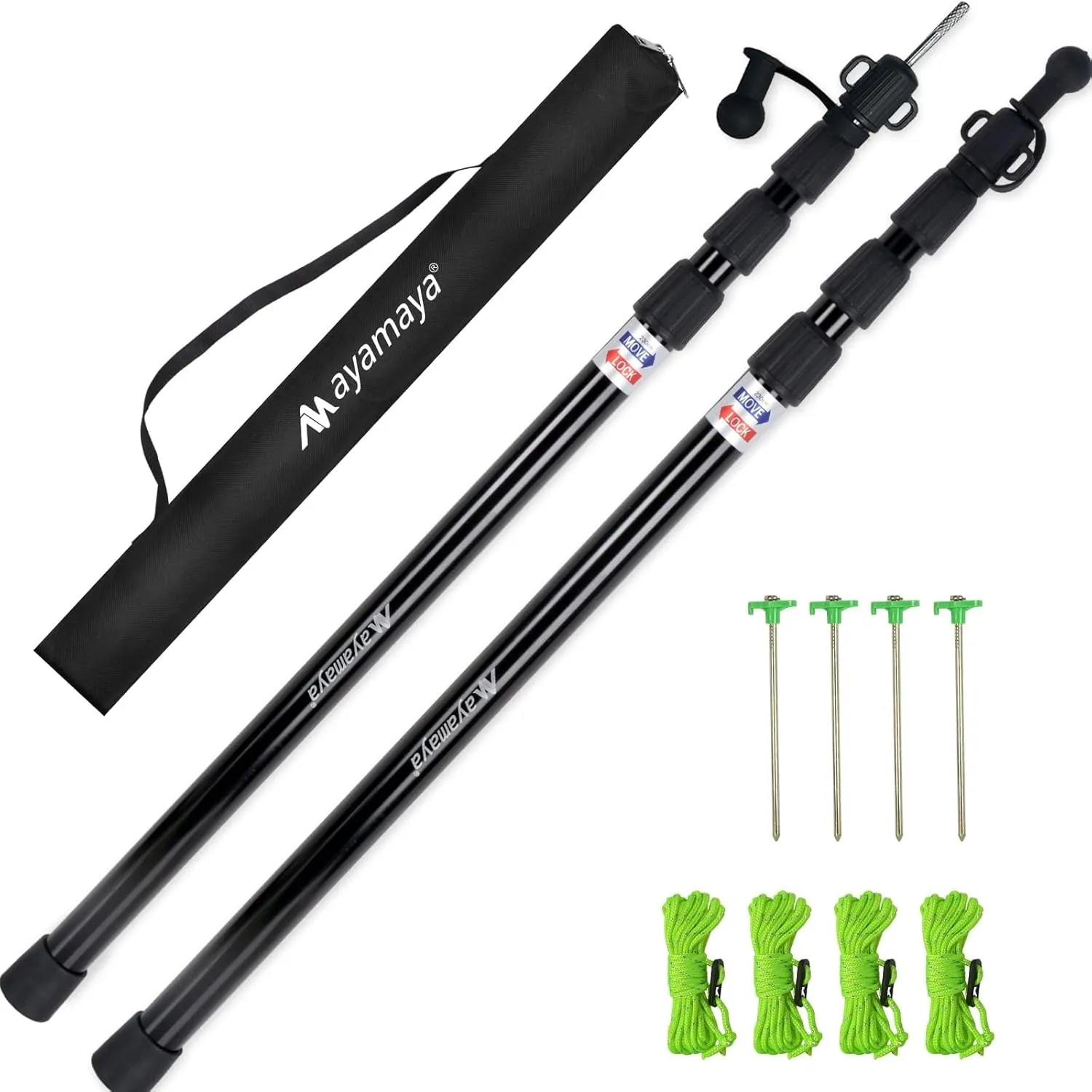 Tarp Poles - Telescoping Camping Tent Poles Replacement, Upgraded 4-Section Heavy Duty Aluminum Rods with Stakes & Guylines for Tents, Rain Fly, Camping Shelter, Awning Canopy RV Car, 2 Sets