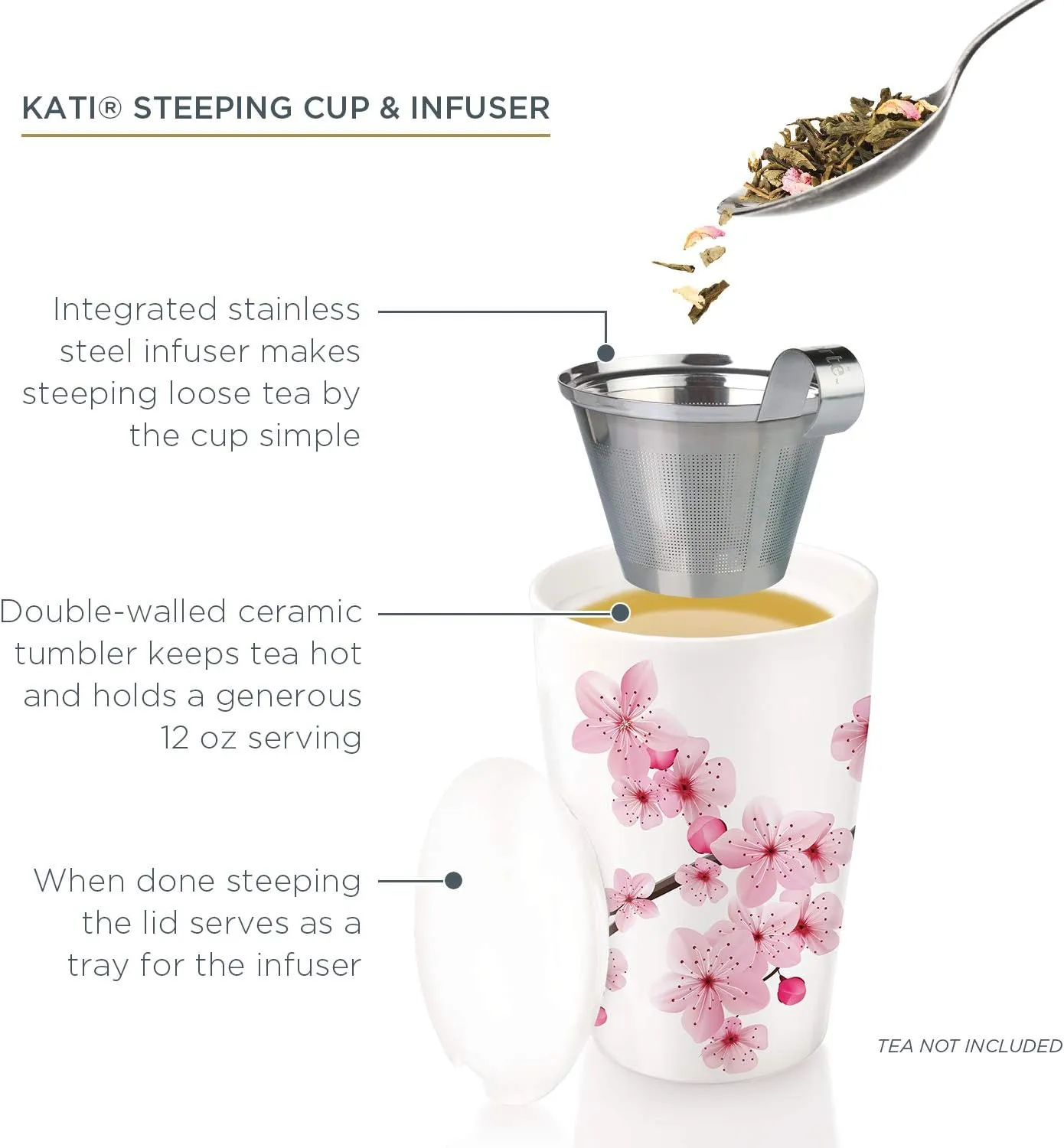 Tea Forte Hanami Double-Walled Ceramic Kati Cup with Removable Stainless Steel Infuser Basket and Lid, Steeps 12 oz Loose Leaf Tea, Lid and Cup Dishwasher & Microwave Safe, Gifts for Mom