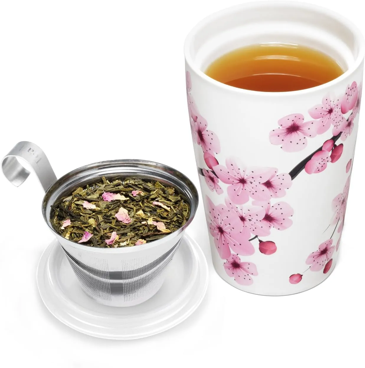 Tea Forte Hanami Double-Walled Ceramic Kati Cup with Removable Stainless Steel Infuser Basket and Lid, Steeps 12 oz Loose Leaf Tea, Lid and Cup Dishwasher & Microwave Safe, Gifts for Mom