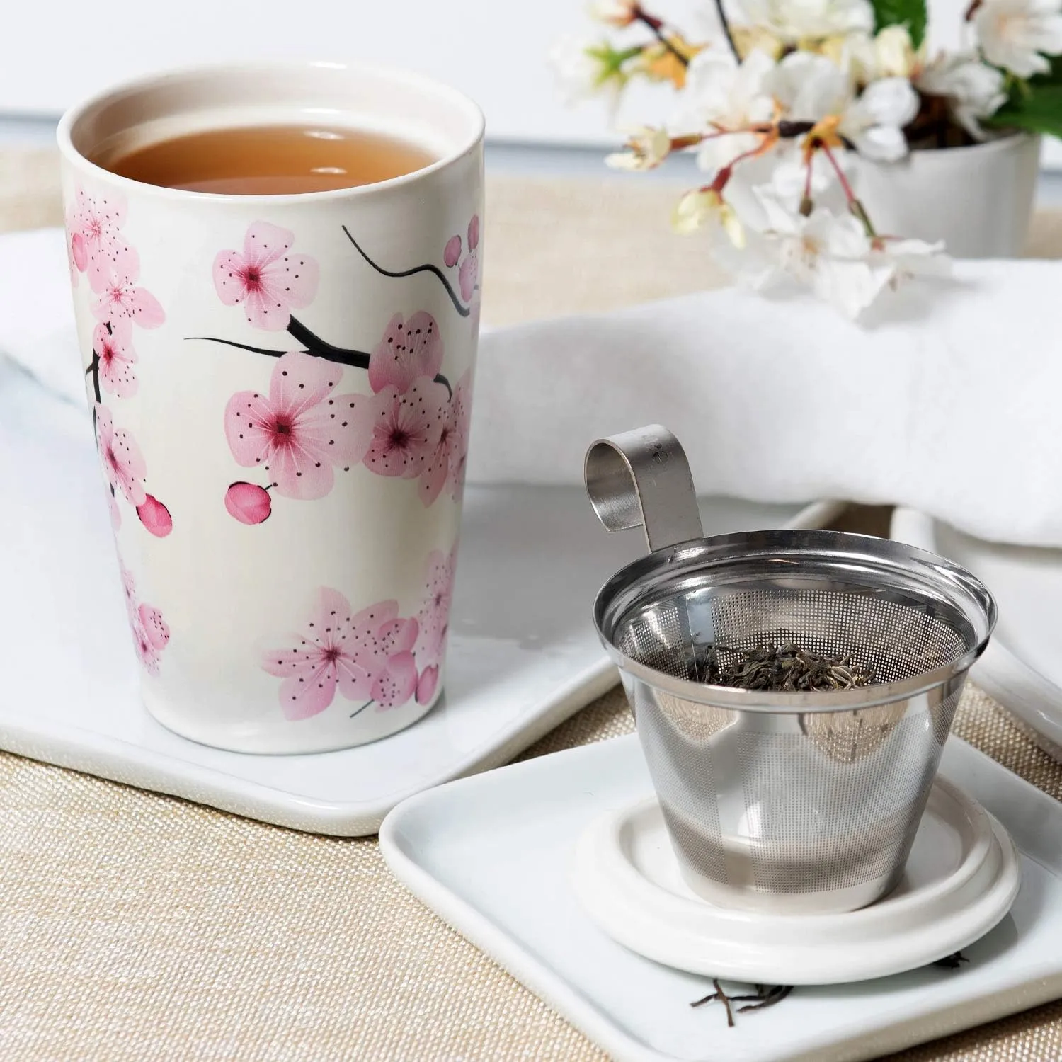 Tea Forte Hanami Double-Walled Ceramic Kati Cup with Removable Stainless Steel Infuser Basket and Lid, Steeps 12 oz Loose Leaf Tea, Lid and Cup Dishwasher & Microwave Safe, Gifts for Mom