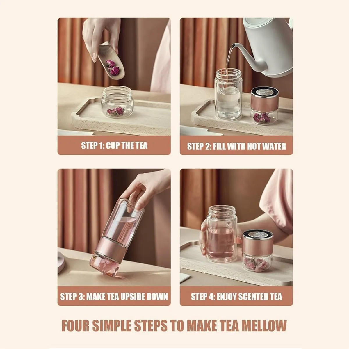 Tea Infuser Bottle,Tea and Water Separation Cup,Double Layered Glass Tea Infuser Bottle,Portable Tea Tumbler With Stainless Infuser,Leak Proof Tea Flood Cup for Loose Leaf Tea (Black, 350ml)