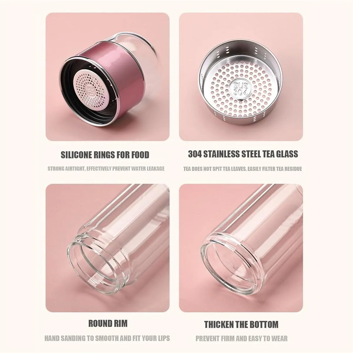 Tea Infuser Bottle,Tea and Water Separation Cup,Double Layered Glass Tea Infuser Bottle,Portable Tea Tumbler With Stainless Infuser,Leak Proof Tea Flood Cup for Loose Leaf Tea (Black, 350ml)