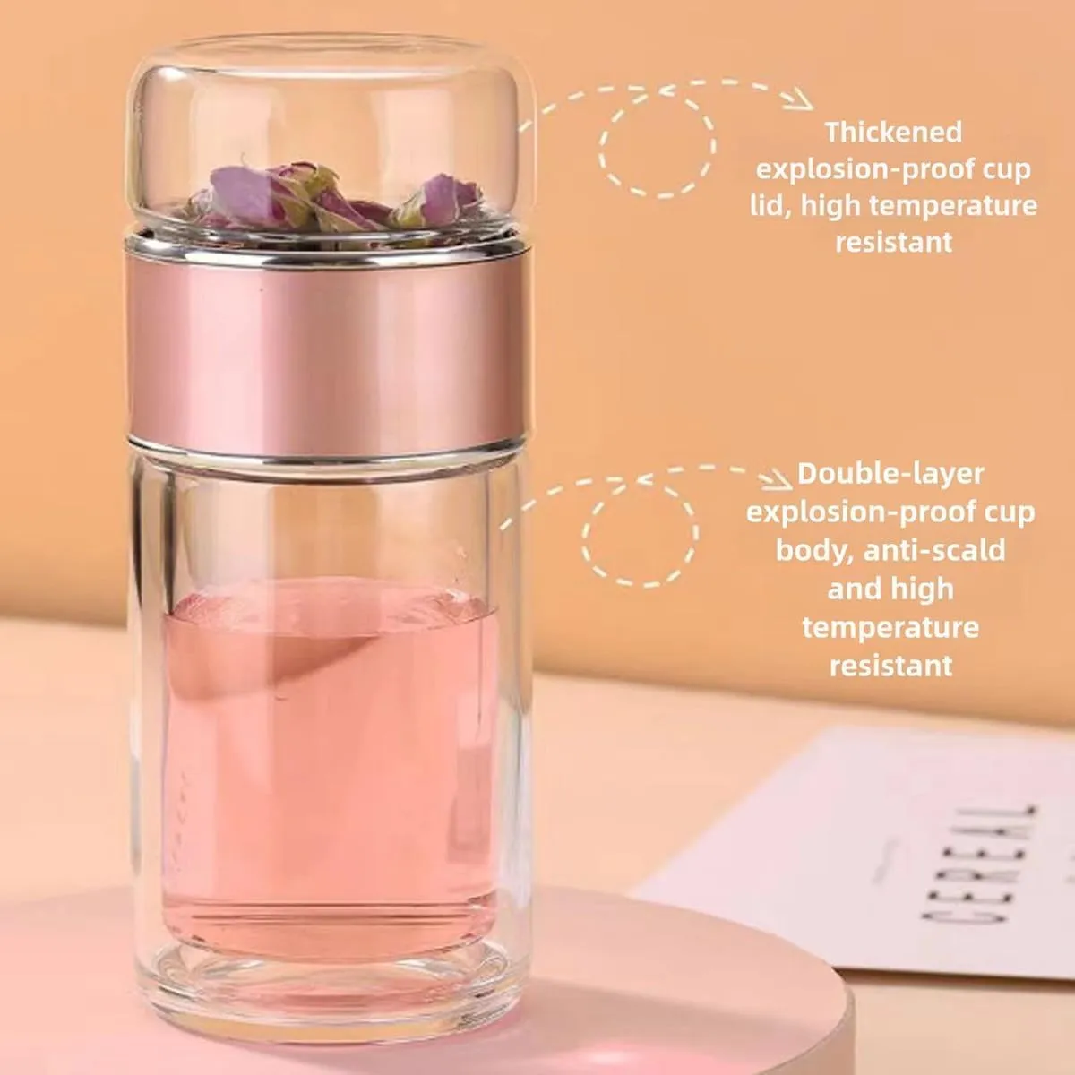 Tea Infuser Bottle,Tea and Water Separation Cup,Double Layered Glass Tea Infuser Bottle,Portable Tea Tumbler With Stainless Infuser,Leak Proof Tea Flood Cup for Loose Leaf Tea (Black, 350ml)