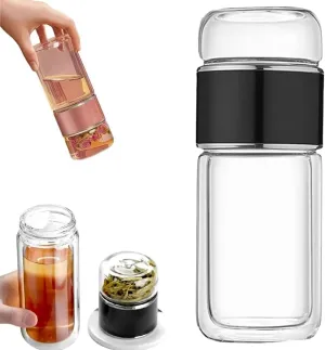 Tea Infuser Bottle,Tea and Water Separation Cup,Double Layered Glass Tea Infuser Bottle,Portable Tea Tumbler With Stainless Infuser,Leak Proof Tea Flood Cup for Loose Leaf Tea (Black, 350ml)