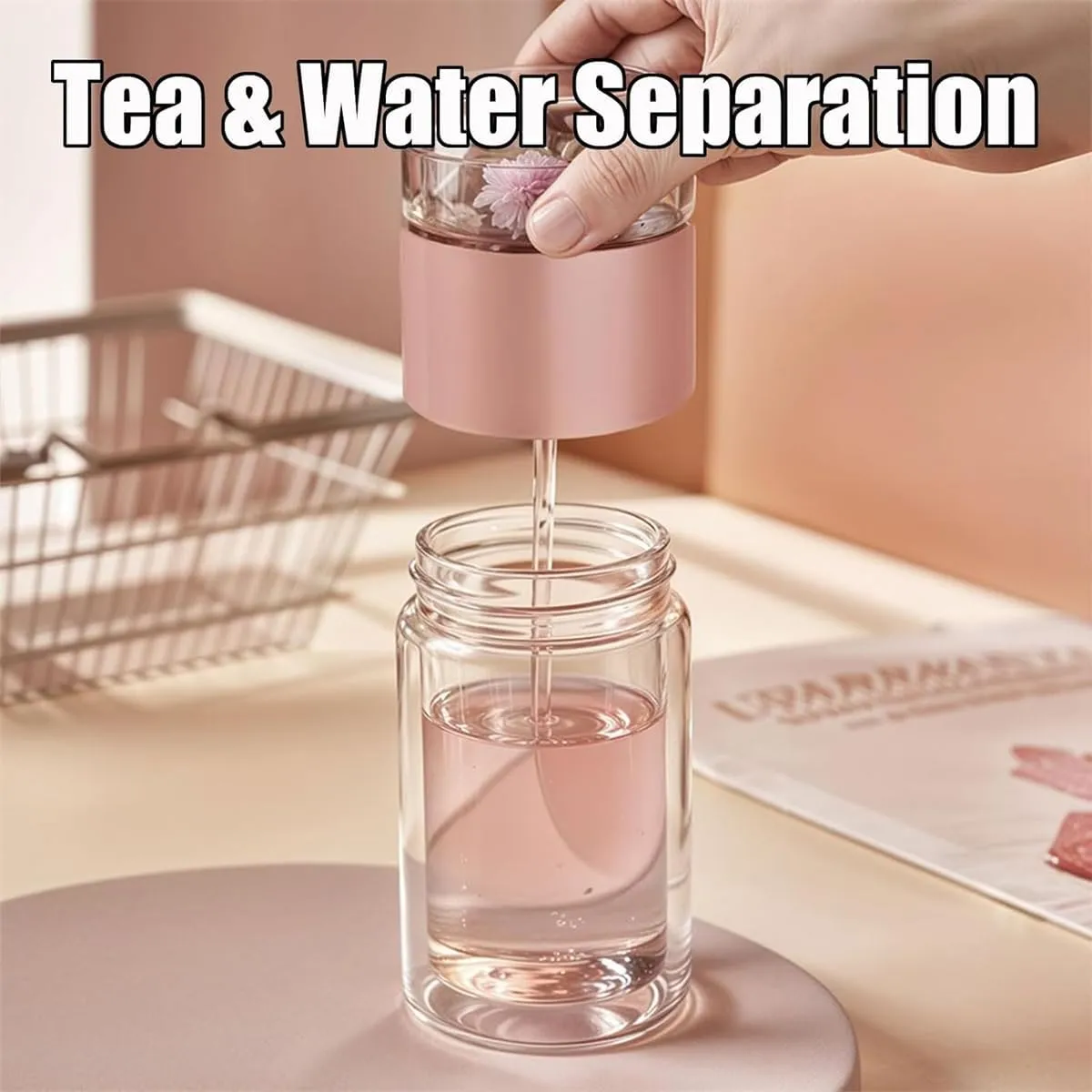 Tea Infuser Bottle,Tea and Water Separation Cup,Double Layered Glass Tea Infuser Bottle,Portable Tea Tumbler With Stainless Infuser,Leak Proof Tea Flood Cup for Loose Leaf Tea (Black, 350ml)