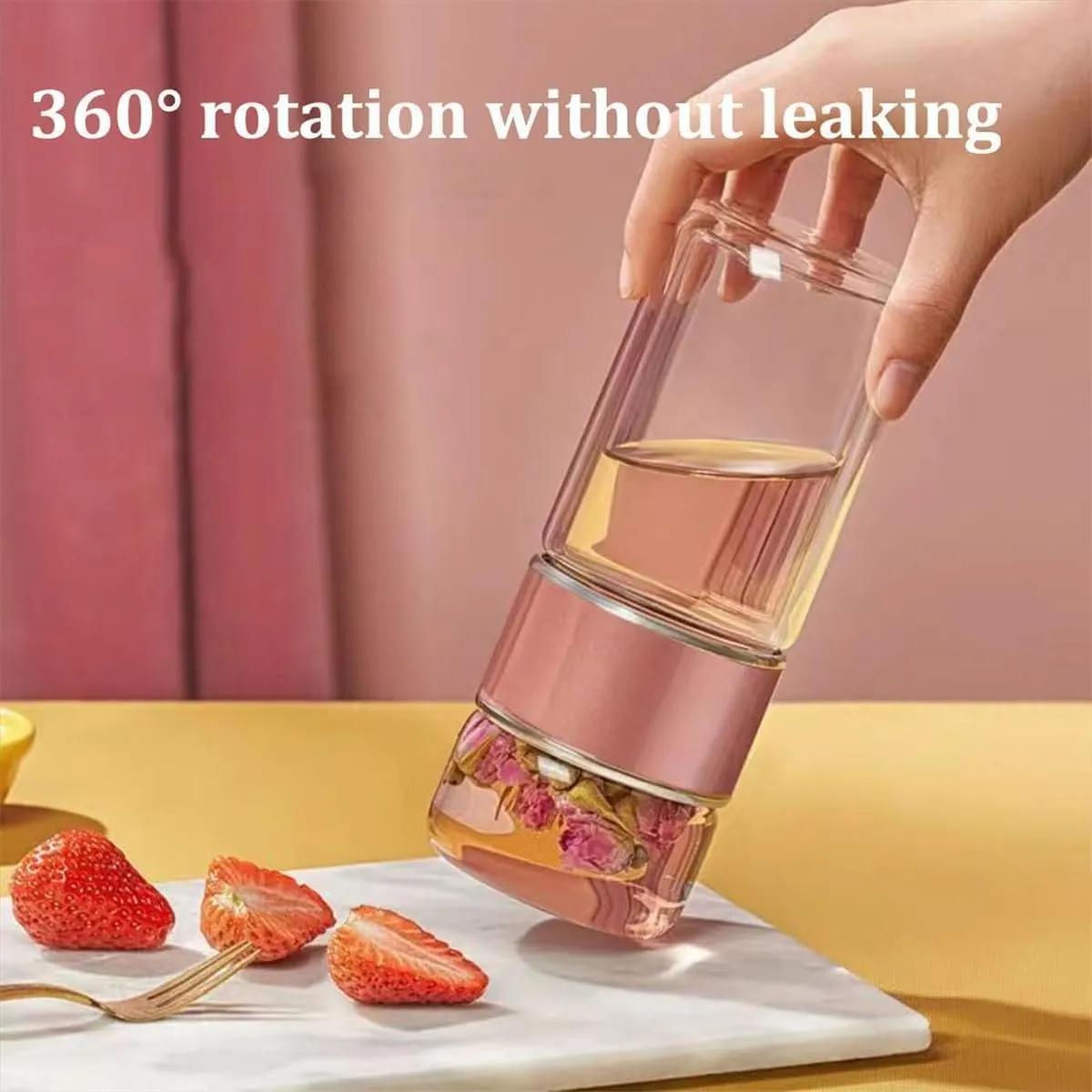 Tea Infuser Bottle,Tea and Water Separation Cup,Double Layered Glass Tea Infuser Bottle,Portable Tea Tumbler With Stainless Infuser,Leak Proof Tea Flood Cup for Loose Leaf Tea (Black, 350ml)