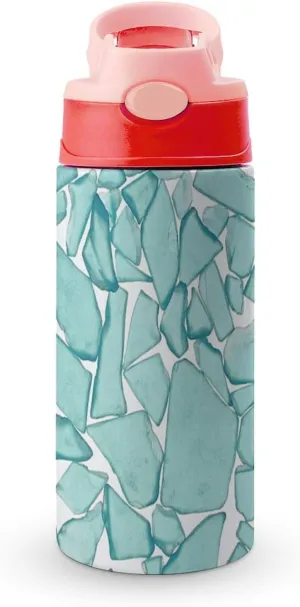 Teal Sea Glass Print Stainless Steel Water Bottle for Men and Women with Straw Sports Gym Camping Hiking