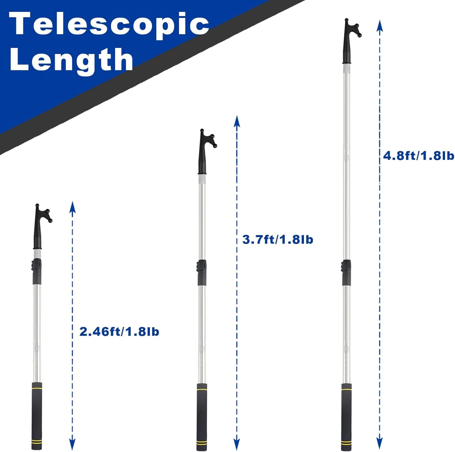Telescopic Boat Hooks, docking telescopic pole stainless steel reinforced tube retractable and adjustable to hook at will sponge handle non-slip design must-have boat accessories